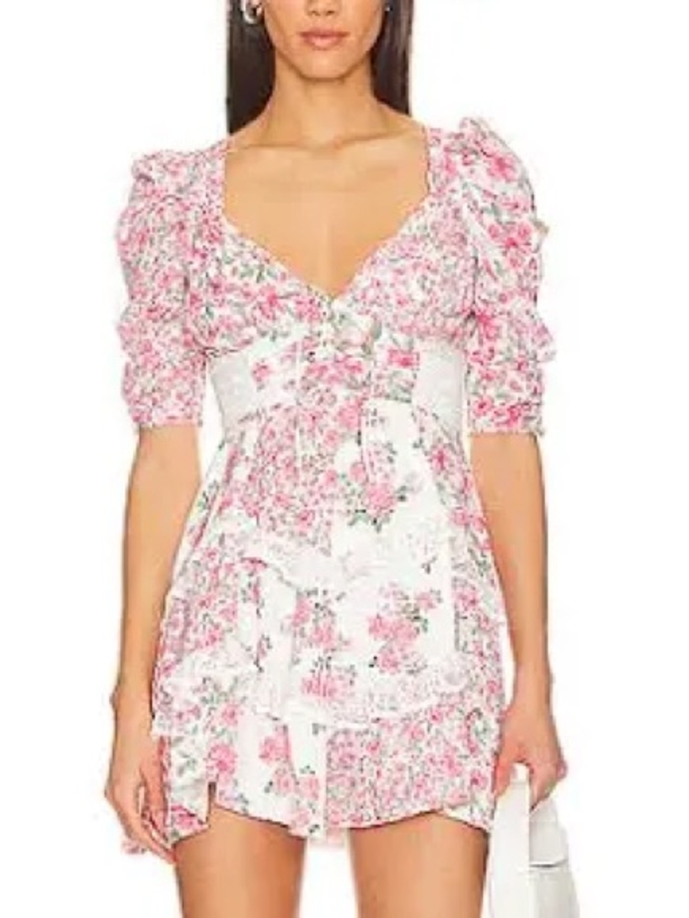 For Love & Lemons Pink Floral Puff-Sleeve Mini Dress